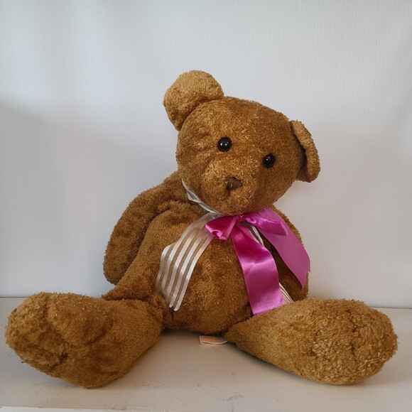 PBC International Brown Bear Plush Pink and White Bow Weighted - Picture 2 of 11